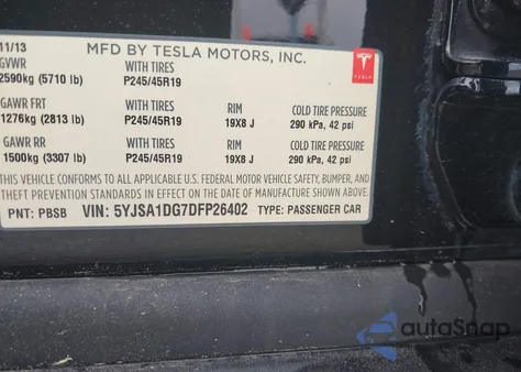 2013 Tesla Model S from USA, damaged, VIN 5YJSA1DG7DFP26402